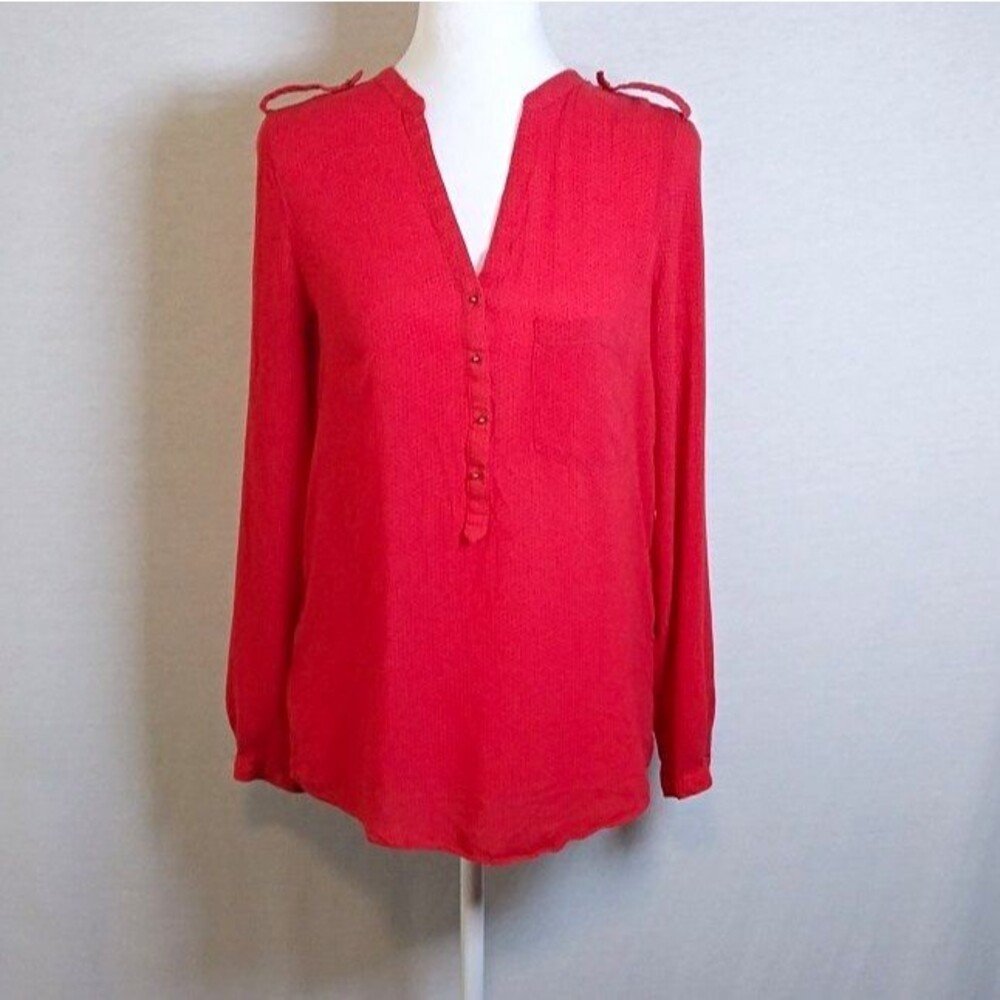ZARA BASIC Polka Dot V-Neck Long Sleeve Button Blouse Red Womens Size Small